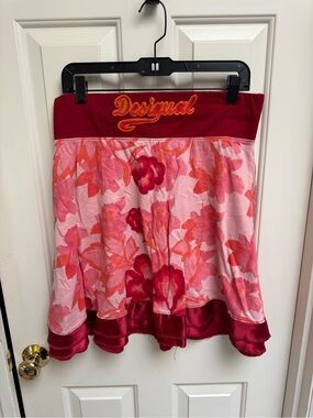 Desigual Pink Red Floral Tiered Skirt